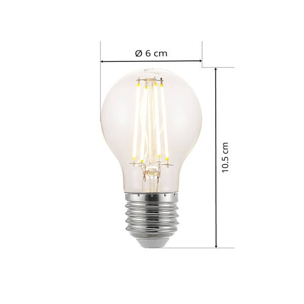 LED Filament-Leuchtmittel in Standardform mit E27-Sockel. Maße: Durchmesser 6 Zentimeter, Höhe 10,5 Zentimeter.
