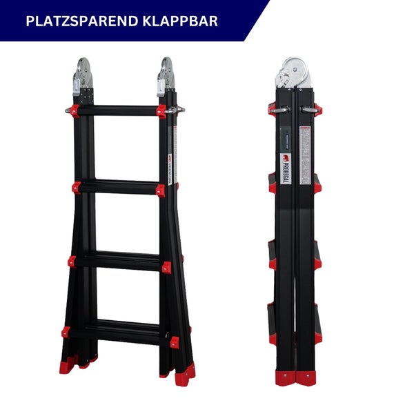 Platzsparende Klappbare Leiter in zwei Positionen: ausgeklappt und zusammengeklappt.