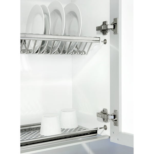 Einbau-Abtropfgestell aus Edelstahl in einem Küchenschrank mit zwei Ebenen für Teller und Tassen.