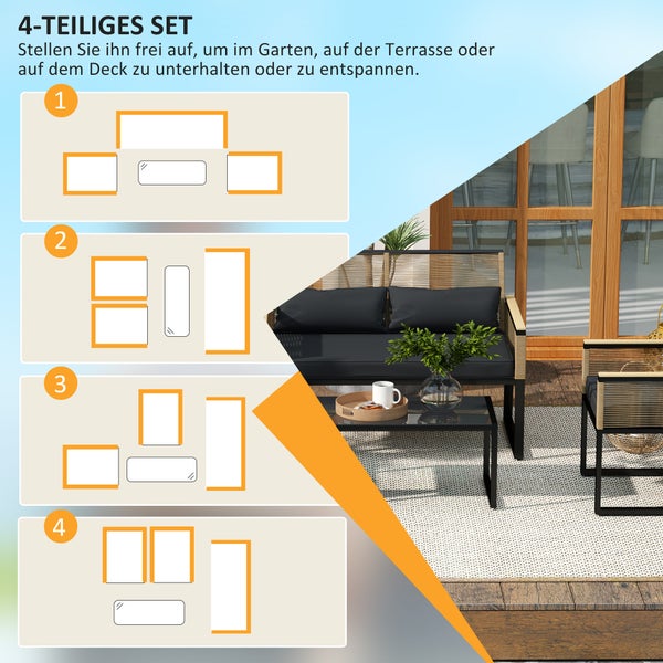 Outsunny Polyrattan Gartenmöbel Set 4 Personen, wetterfest Balkonmöbel-Set mit 2er Sofa, 2 Stühle Glastisch Sitzkissen, Outdoor Sitzgruppe, Terrassenmöbel Gartengarnitur für Garten Balkon, Schwarz