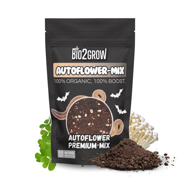 Bio2Grow Autoflower-Mix in einer schwarzen Verpackung mit organischer Blumenerde, Regenwürmern und Pilzen