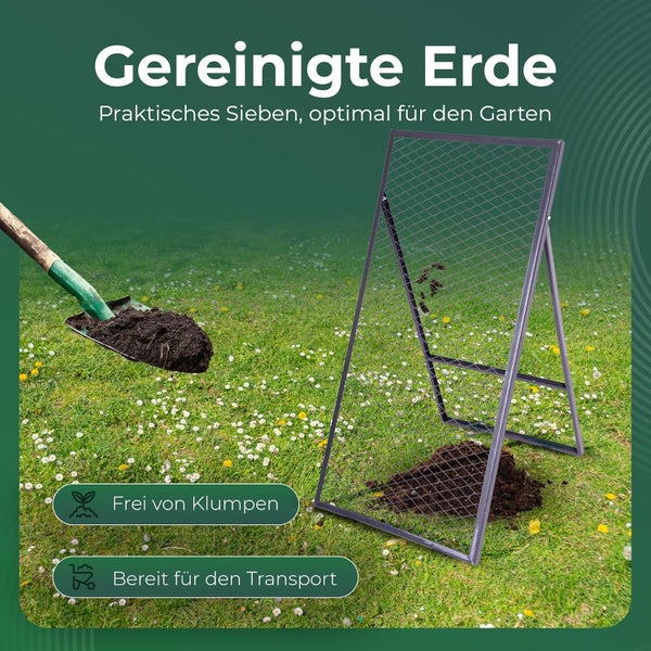 Durchwurfsieb im Garten zum Sieben von Erde auf einer Rasenfläche mit einer Schaufel für klumpenfreie Erde.