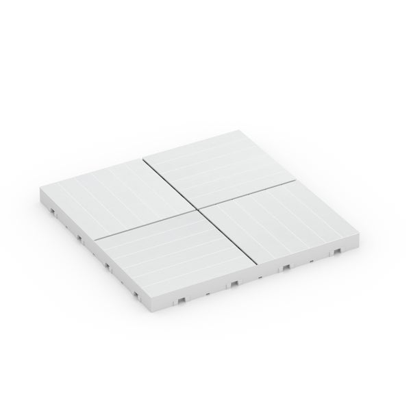 Weiße Klickfliesen aus Kunststoff mit gerillter Oberfläche, Set aus vier Stück.