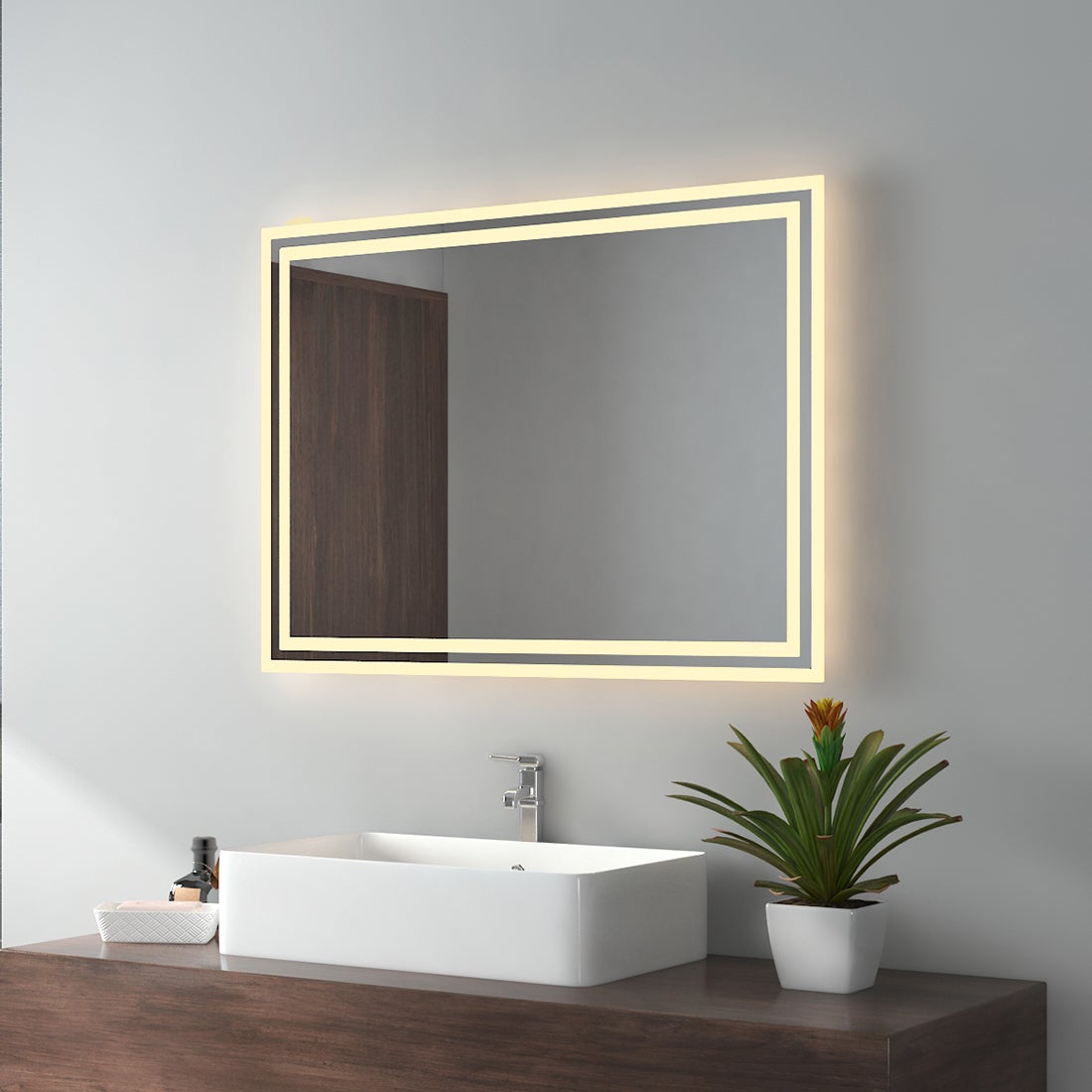 EMKE Badspiegel LED IP44 Wasserdicht Wandspiegel, 80x60cm, Warmweißes Licht