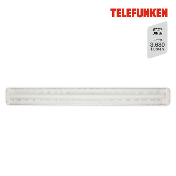 Telefunken Logo, LED Feuchtraumleuchte mit 30 Watt und 3680 Lumen, rechteckige Wannenleuchte mit strukturierter Abdeckung.