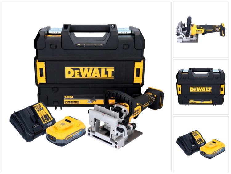 DeWalt Akku Flachdübelfräse inklusive Akku, Ladegerät und Werkzeugkoffer.