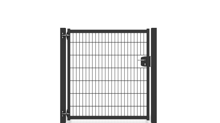 Gartentür ZAUNGURU BASIC-Line aus Metall, Höhe: 143cm, Breite: 150cm, 1-flügelig inkl. Pfosten, Locinox-Schloss und Zubehör, Feuerverzinkt und zusätzlich in RAL 7016 Anthrazitgrau pulverbeschichtet