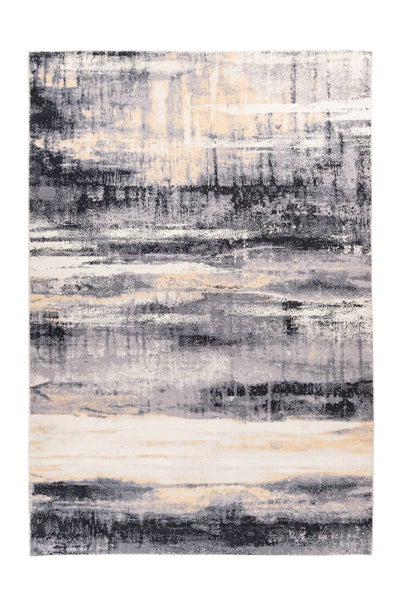 Moderner rechteckiger Teppich mit abstraktem, verwaschenem Muster in Grau-, Anthrazit- und Beigetönen.