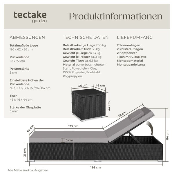 Infografik von tectake mit Abmessungen und technischen Daten für ein Gartenmöbelset bestehend aus Sonnenliegen und einem Beistelltisch.