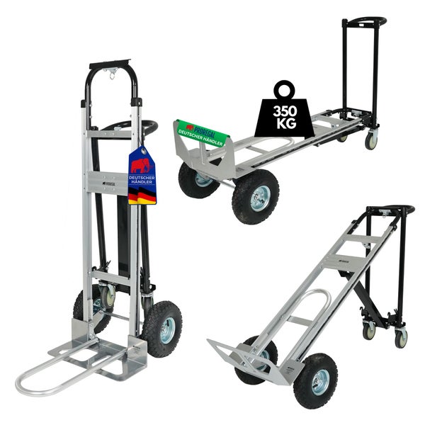 ProRegal 3-in-1 Aluminium-Transportkarre in drei Positionen mit einer Traglast von 350 Kilogramm, Luftbereifung und ProRegal Logo.