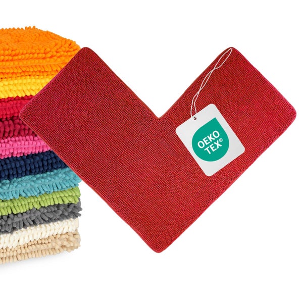 Rote Badematte in L-Form aus Chenille mit Oeko-Tex-Zertifizierung, Auswahl verschiedener Farben.