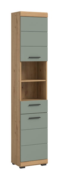 Hoher Badezimmerschrank mit Türen, Schubladen und offenen Ablagefächern in Holzoptik und matter Front.