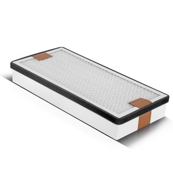 Rechteckiger Luftfilter mit Lamellenstruktur, Schaumstoffdichtung und braunen Laschen.