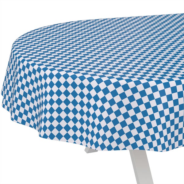Runde Tischdecke mit blau-weißem Rautenmuster im bayerischen Stil.