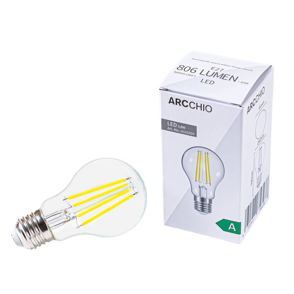 Arcchio LED Leuchtmittel E27, 806 Lumen, warmweiß, Filament Optik, 3,8 Watt, Energieeffizienzklasse A, inklusive Verpackung mit Arcchio Logo.