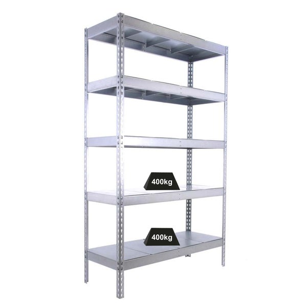 Verzinktes Schwerlastregal aus Metall mit fünf Böden, Tragkraft 400 Kilogramm pro Boden, schraubenlose Montage.