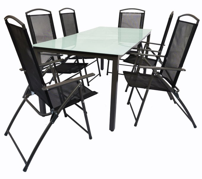 Gartentischgruppe mit sechs Klappstühlen und Tisch mit Glasplatte