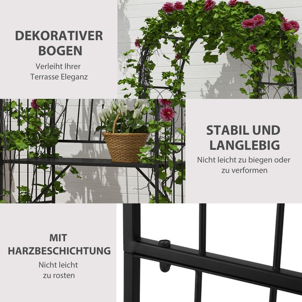 Outsunny Rosenbogen mit Bank, Gartenbank, 115 x 59 x 203 cm, Metall, Schwarz