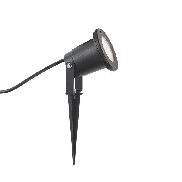 Schwarzer LED Gartenstrahler mit Erdspieß und verstellbarem Leuchtenkopf für die Außenbeleuchtung.