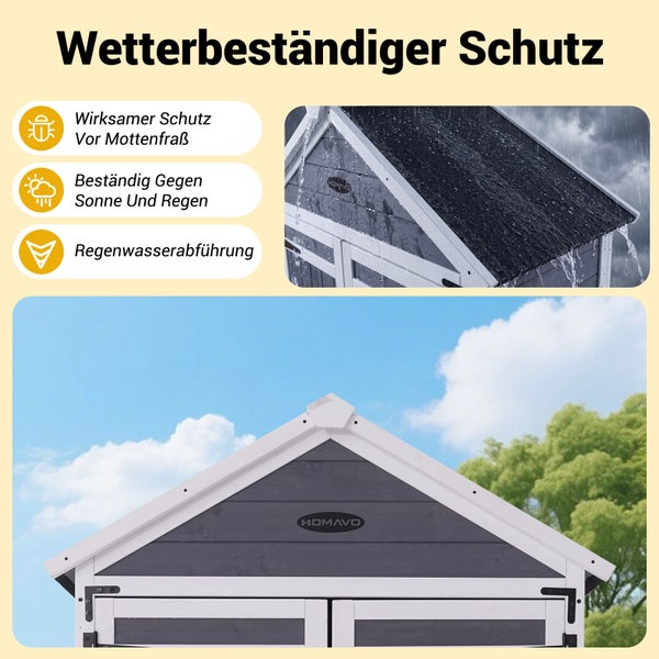 Wetterfestes Gartenhaus aus Holz in Grau und Weiß von Homavo mit Details zu Insektenschutz, Sonnen- und Regenbeständigkeit sowie Regenwasserabführung.