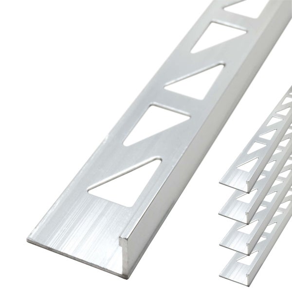 L-förmiges Fliesenprofil aus Aluminium mit gestanztem Befestigungsschenkel für Wandfliesen und Bodenfliesen.