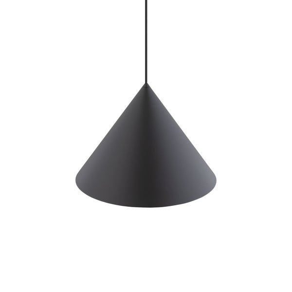 Pendelleuchte aus schwarzem Metall in Kegelform.