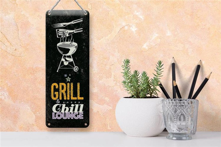 Blechschild Spruch Grill & Chill Lounge 5 Sterne Dekoration 10x27cm