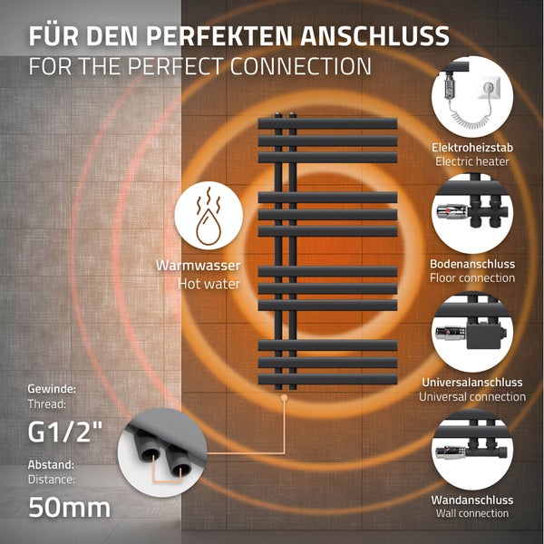 ECD Germany Iron EM Design Badheizkörper Elektrisch 500 x 1000 mm Anthrazit mit Heizstab 600W Chrom Große Leistung - Designheizkörper Paneelheizkörper Heizkörper Handtuchwärmer Handtuchtrockner