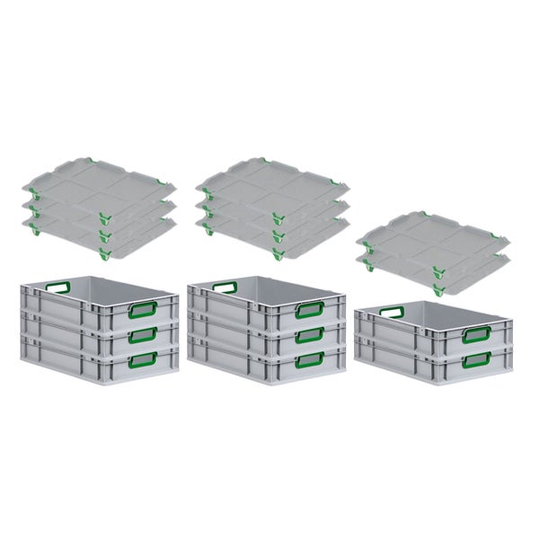 PROREGAL Spar Set 8x Eurobox Nextgen Color Mit Auflagedeckel & Schiebeschnappverschlüsse HxBxT 12 x 40 x 60 cm Griffe Grün Offen Glatter Boden