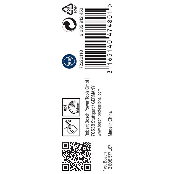 Verpackungsinformationen: Recycling Symbol, Papierverpackung, Augenschutz empfohlen, hohe Drehzahl, Schmieröl erforderlich, Herstellerinformationen und Barcode.