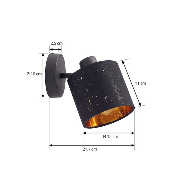 Schwarze Wandleuchte mit goldener Innenseite und Sternenhimmel Effekt. Maße: Durchmesser 12 Zentimeter, Höhe 11 Zentimeter, Gesamttiefe 21,7 Zentimeter.