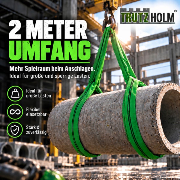 Trutz Holm Rundschlinge mit 2 Meter Umfang beim Heben eines Betonrohrs auf einer Baustelle für schwere und sperrige Lasten.