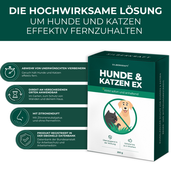 Silberkraft Hunde und Katzen EX Granulat 200g, Hund & Katze von deinem Grundstück fernhalten, Hundeabwehr & Katzenvertreiber, Alternative zu Sprays, Gittern oder Ultraschallgeräten