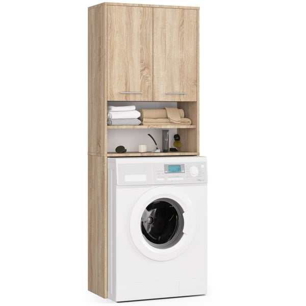 Waschmaschinenschrank mit Ablagefächern und einem weißen Waschvollautomaten