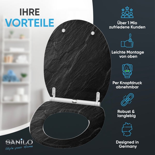 Sanilo WC Sitz mit Schiefer Optik und Montagevorteilen inklusive Montage von oben und abnehmbarem Deckel per Knopfdruck