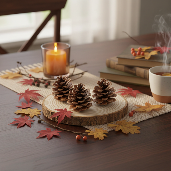 Herbstliche Tischdekoration mit Tannenzapfen auf einer Holzscheibe, einer Kerze im Glas und Herbstblättern auf einem hellen Tischläufer.