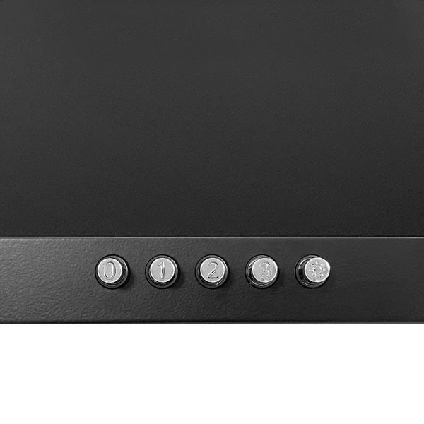 Bedienfeld einer Dunstabzugshaube mit fünf runden Tasten für die Stufen null bis drei und die Lichtfunktion.