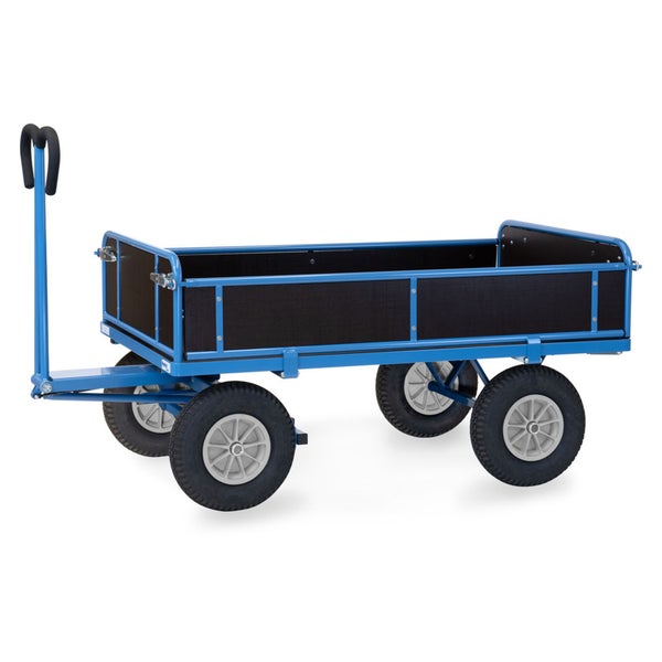 Blauer Handwagen mit vier Luftreifen, dunklen Seitenwänden und langem Griff für den Transport.