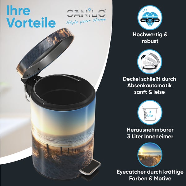 Sanilo Tretmülleimer mit 3 Litern Fassungsvermögen, Absenkautomatik, herausnehmbarem Inneneimer und Strandmotiv.