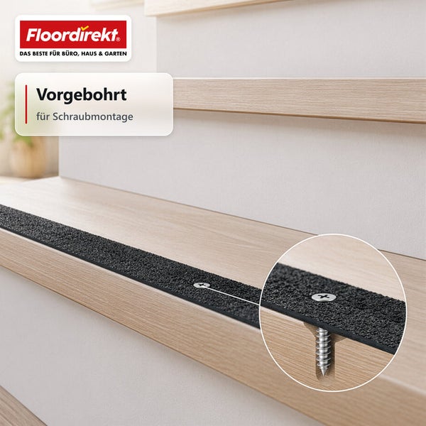 Floordirekt Logo, Antirutschbelag fuer Treppenstufen, vorgebohrt zur Schraubmontage auf einer Holztreppe, Detailansicht der Verschraubung.