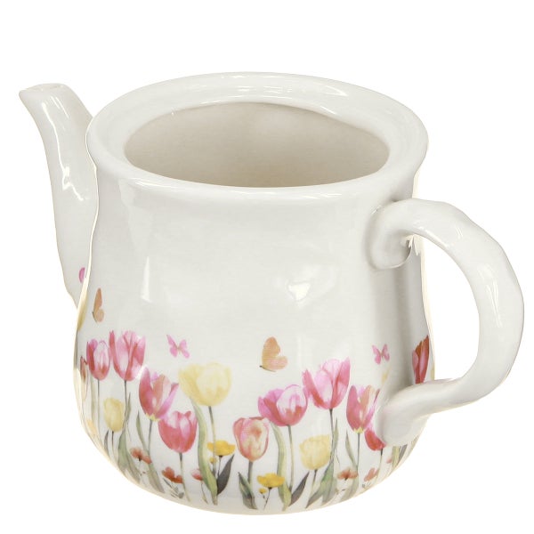 Übertopf aus Keramik in Form einer Teekanne mit einem Dekor aus Tulpen und Schmetterlingen.