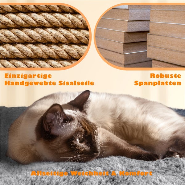 Nahaufnahme von Sisalseil, Spanplatten und einer Katze auf einem Katzenkratzbaum