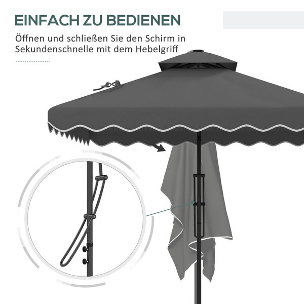 Outsunny Sonnenschirm, 243 x 243 cm Balkonschirm mit UV-Schutz, Ampelschirm mit Doppeldach, Kreuzfuß, Terrassenschirm mit Rüschen, 4 Streben, für Garten, Metall, Dunkelgrau