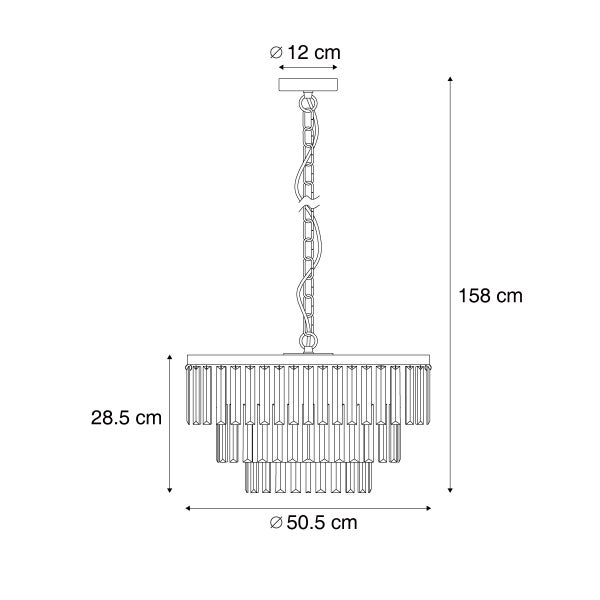 Technische Zeichnung einer Hängelampe mit Kettenaufhängung und Maßen