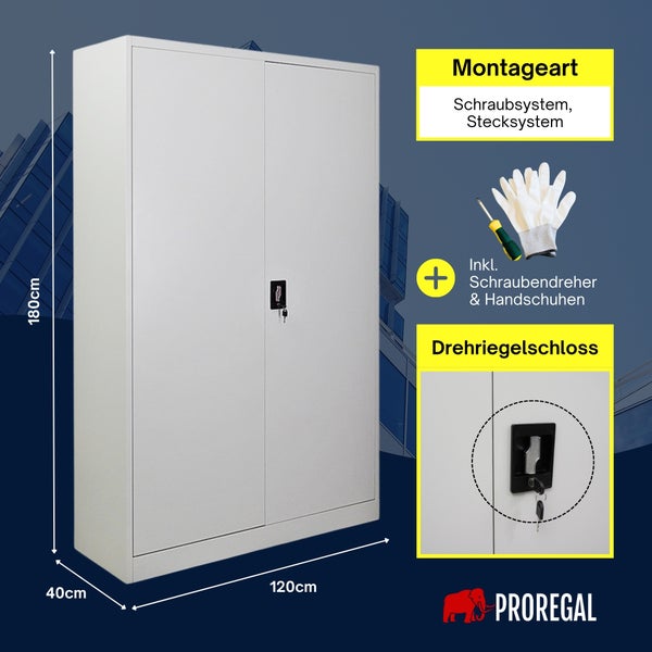 Proregal Metallschrank, 180 mal 120 mal 40 Zentimeter, Drehriegelschloss, inklusive Schraubendreher und Handschuhen. Proregal Logo.
