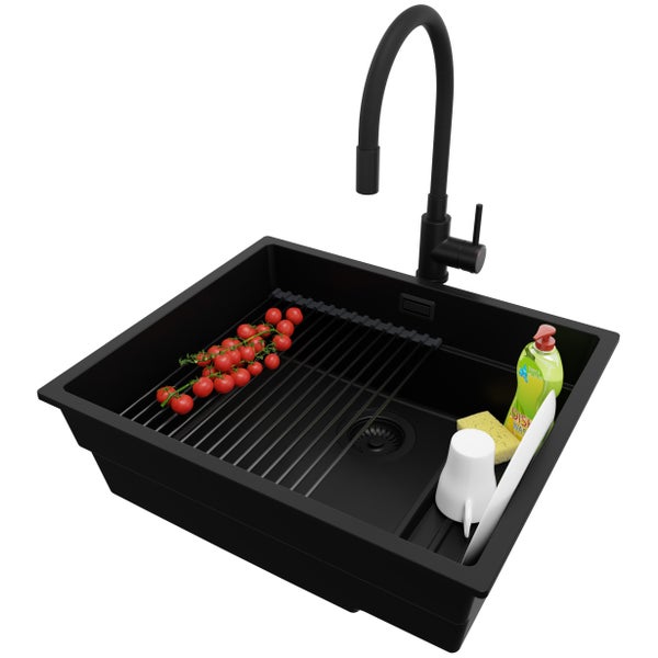 PRIMAGRAN Granitspüle Alles Schwarz 56x47cm, Spülbecken 1 Becken + Küchenarmatur 40x38cm + Ablauf-Set + Aufrollbare Abtropffläche, Küchenspüle ab 60er Unterschrank - Praga Slim
