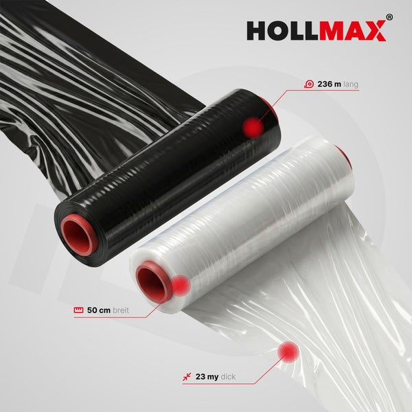 Hollmax Logo, zwei Rollen Stretchfolie in Schwarz und transparent, 50 Zentimeter breit, 236 Meter lang und 23 Mikrometer dick.