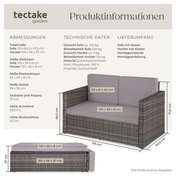 Produktinformationen für tectake Gartensofa und Hocker aus Polyrattan mit Maßen in Zentimeter, technischen Daten und dem Lieferumfang.