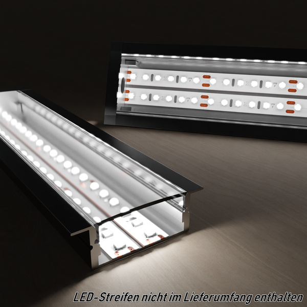 TIVENDIS Led Alu Profil 2 m EB Komplett Set für Strip / Streifen bis 20 mm breit | Abdeckung transparent klar, Endkappen |  Einbau Fußleisten Flachprofil eloxiert