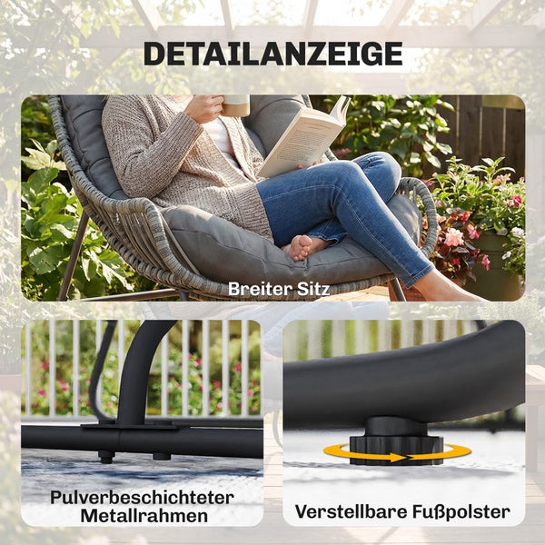 Detailansicht eines Loungesessels mit breiter Sitzfläche, einem pulverbeschichteten Metallrahmen und verstellbaren Fußpolstern.
